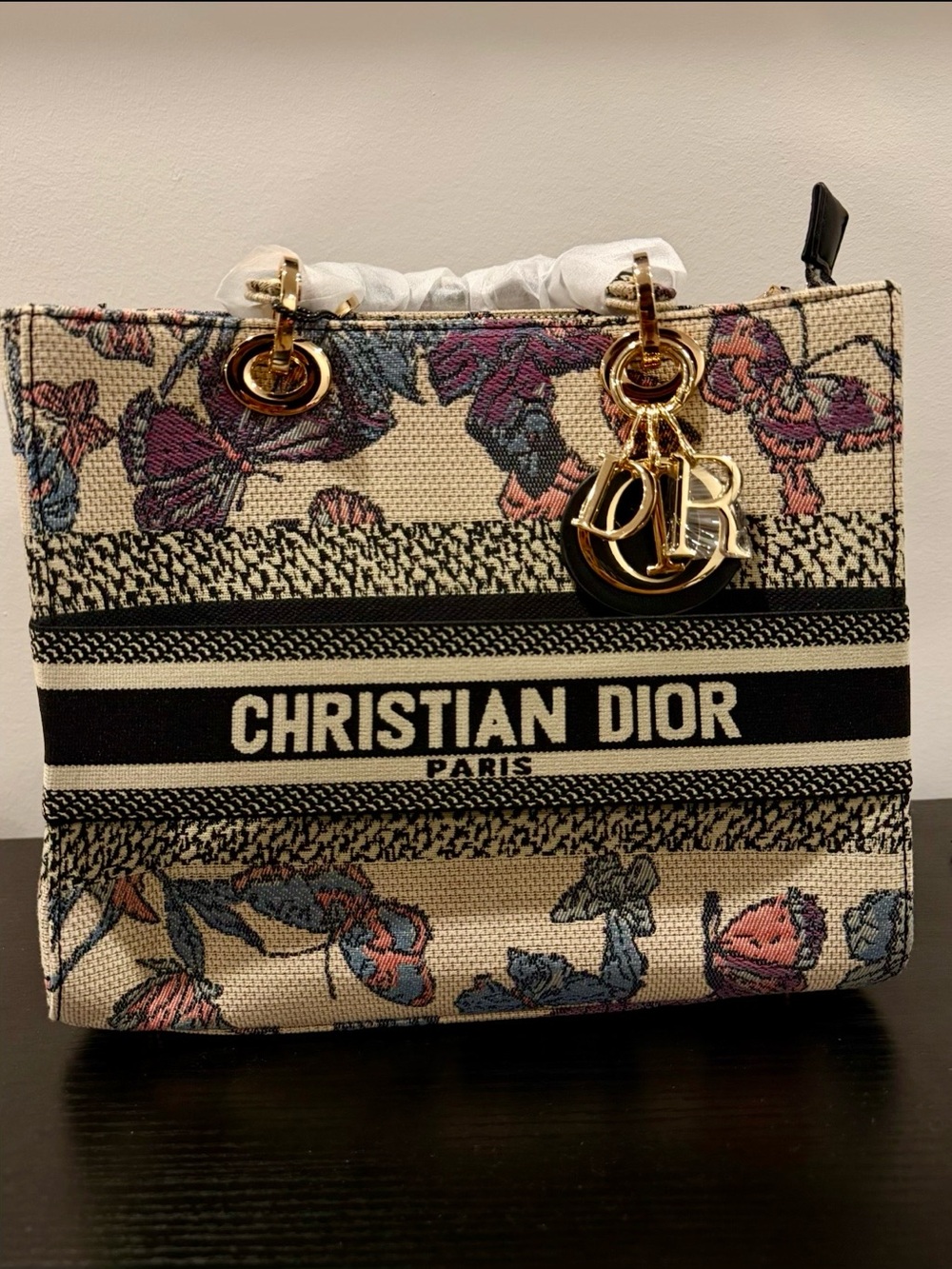 Cream Floral Canvas Tote with Black Logo Band